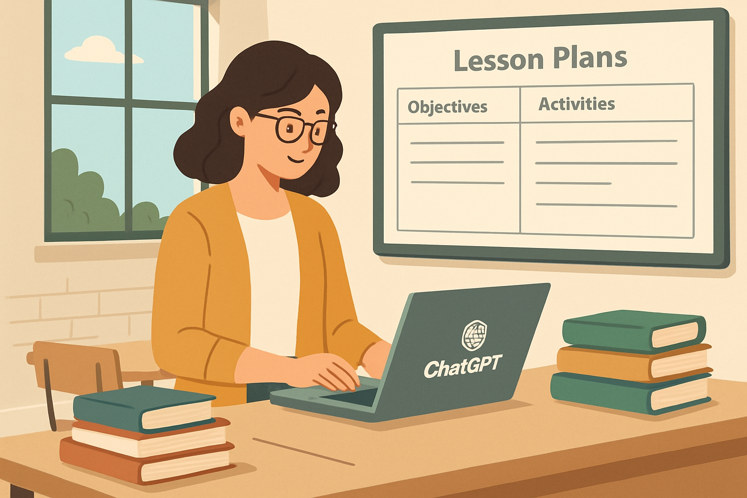 一位女性正在利用ChatGPT撰寫教學計劃。桌上擺放著數本書籍，背景是一面寫著 Lesson Plans 的白板，表現出人工智能在教育和網站經營中的應用潛力。
