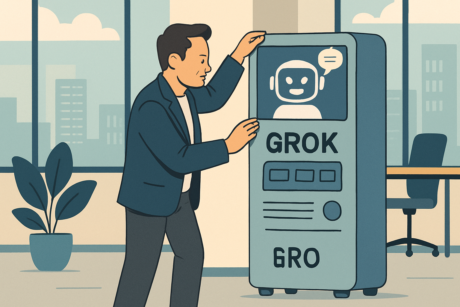 一名男士在辦公室與AI機器人互動，展現商務實際應用場景