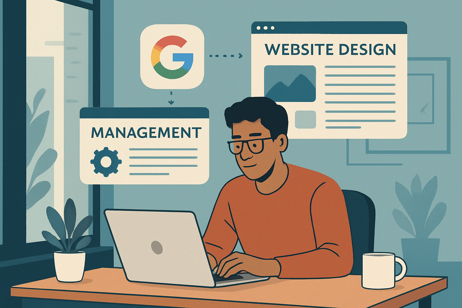 專業人士在辦公環境操作電腦，螢幕顯示管理與網站設計，強調AI和資料整合的重要地位