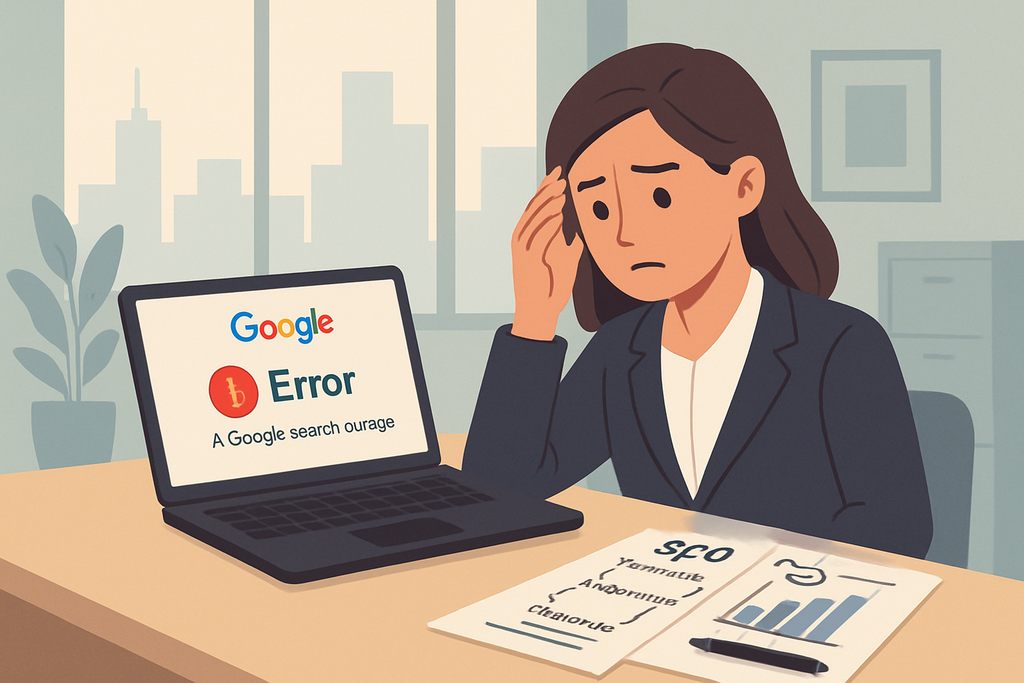 一位女性坐在辦公桌前，表情困惑，電腦螢幕顯示「Google Error」，旁邊有一些與網站經營和SEO相關的文件，展現出她對人工智慧和社群行銷的擔憂。