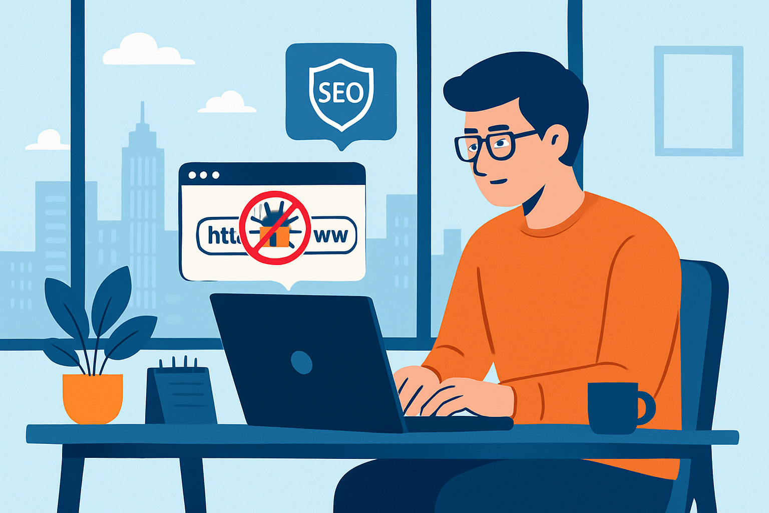 一位戴著眼鏡的男性坐在辦公桌前,專注地操作電腦,他的屏幕上顯示著帶有「SEO」標籤的網頁內容,背景透過窗戶可以看到城市的天際線,桌上擺放著植物和咖啡杯,場景展現了網站經營和網頁設計的專業。