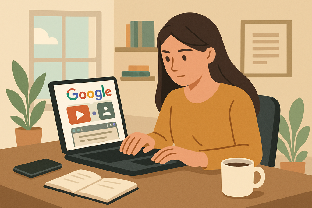 一位女性正在桌上使用筆記型電腦搜尋資料，螢幕上顯示谷歌頁面，周圍環境舒適，有書籍和植物，該場景營造出一種專注於人工智慧和網站經營的氛圍。