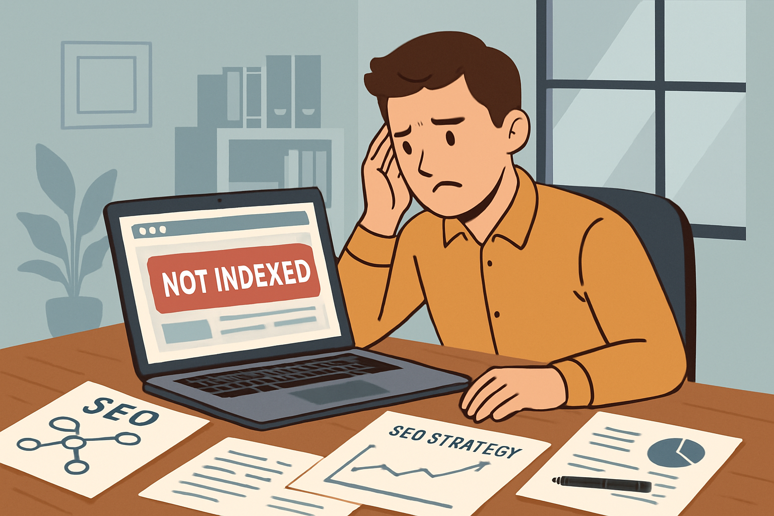 一位男性坐在桌前,眉頭深鎖,電腦螢幕顯示「NOT INDEXED」的訊息,周圍有與網站架設和SEO相關的資料文件,場景呈現了網站經營中的困惑與挑戰。