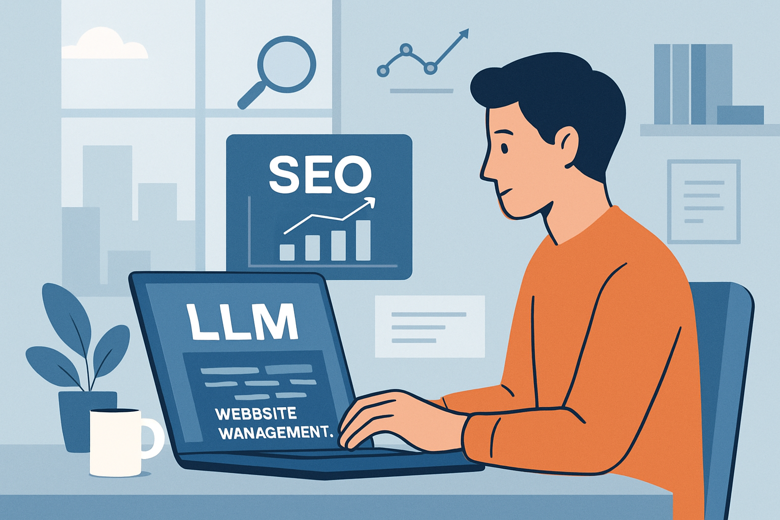 年輕男性專注於AI智能與網站SEO策略