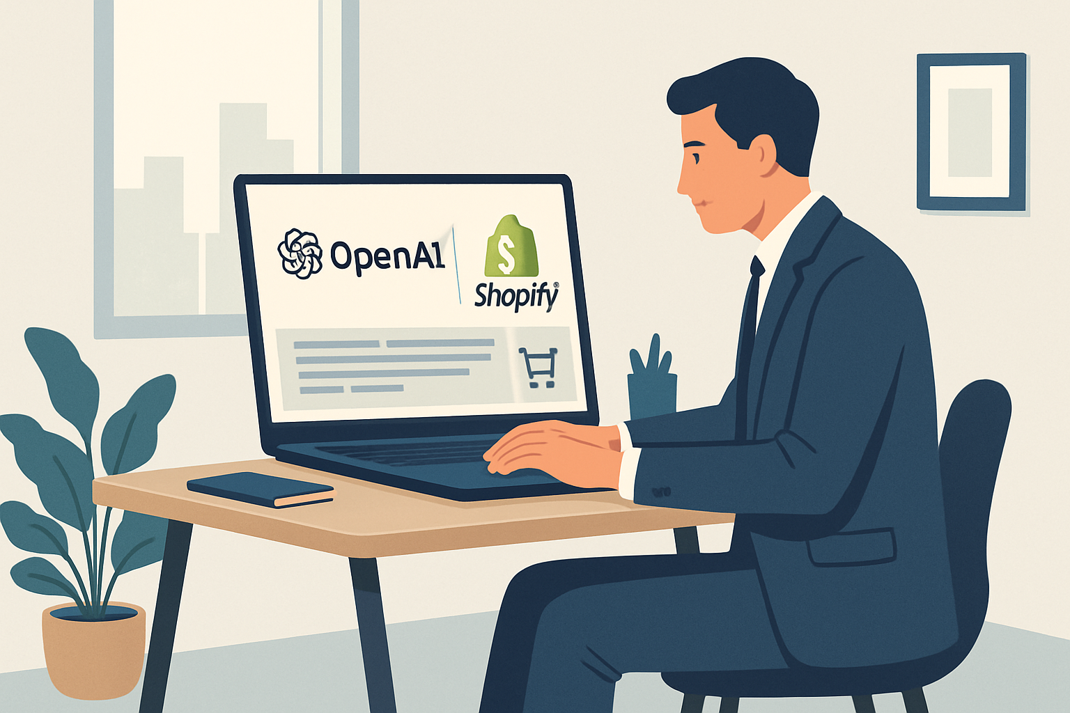 現代辦公室男性專注使用OpenAI和Shopify進行網站經營與設計,背景現代城市景觀