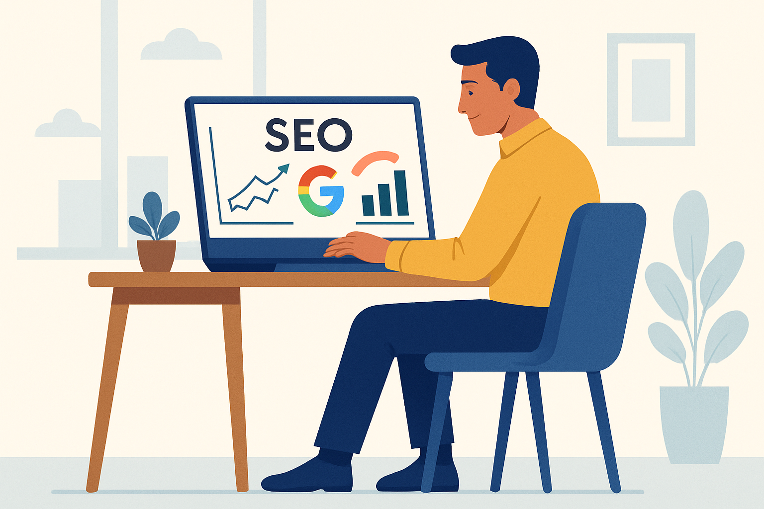 SEO、Google標誌及趨勢圖，凸顯網站經營與社群行銷的關鍵