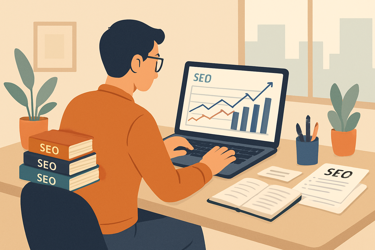 年輕男子分析SEO數據與AI技術結合