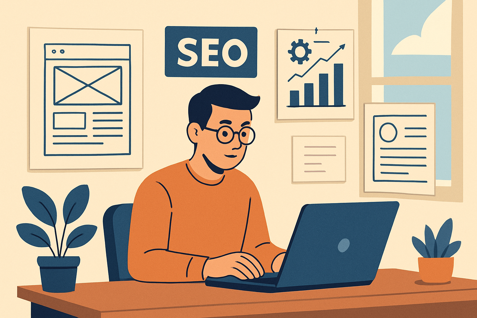 年輕人在進行網站SEO優化分析，電腦螢幕顯示SEO相關圖表