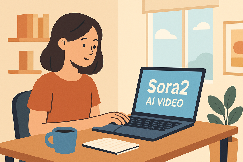 一名女性坐在家裡的辦公桌前，專注地使用電腦，螢幕上顯示著「Sora2 AI VIDEO」。她的桌上放著一杯咖啡和一張筆記本，旁邊有一盆綠色植物，整體環境明亮而舒適，展現了透過人工智慧進行創作的氛圍。