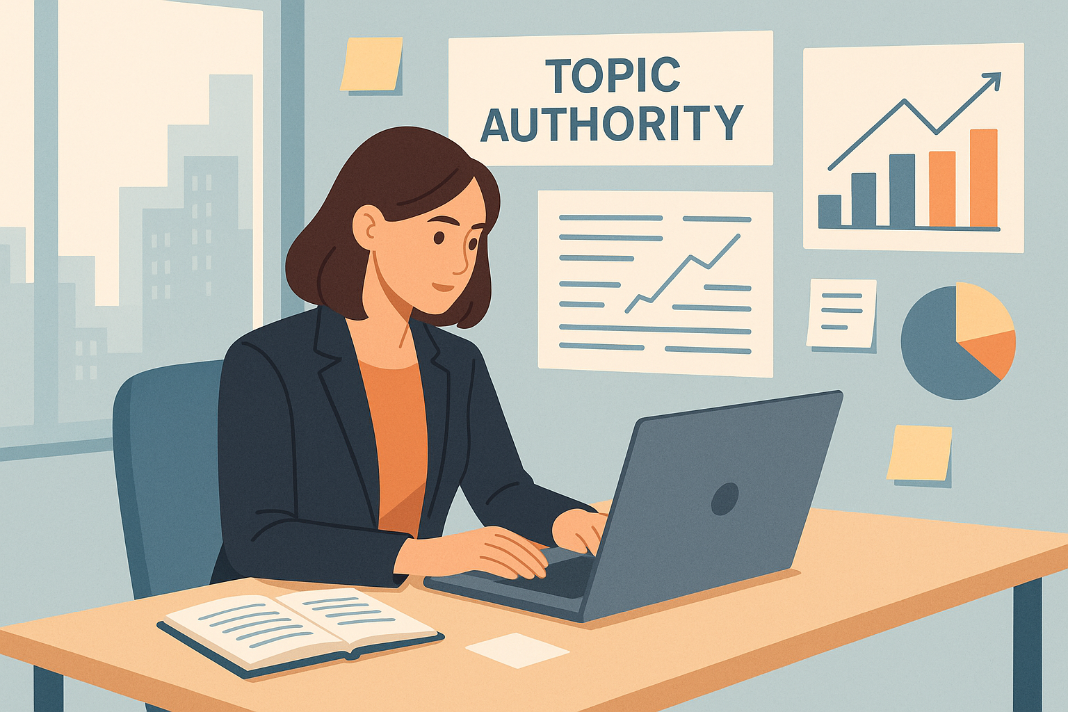 這張圖片展示了一位穿著西裝的女性，在明亮的辦公室內使用筆記型電腦工作，旁邊有一本書和數個展示數據的圖表，這反映出人工智慧與網站經營的關聯。