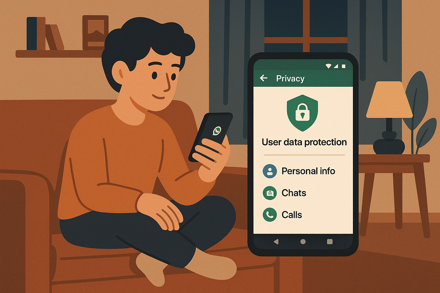 男士於沙發操作手機，手機展示數據保護選項