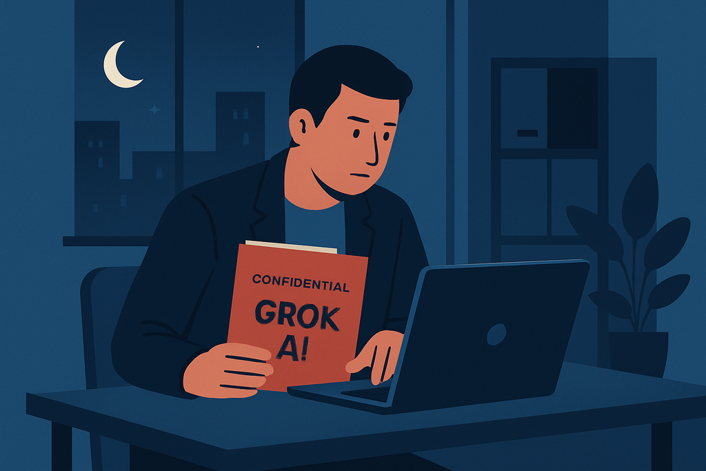 一位男性在夜晚辦公室專注學習人工智慧,桌前有標題為「GROK AI」的書本與筆記型電腦。