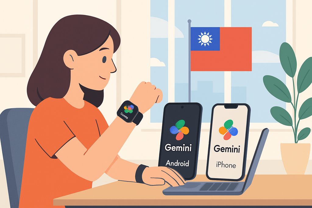 一名女性坐在桌前,旁邊有一台筆記型電腦和兩部顯示「Gemini」應用程式的手機,並佩戴著一部智慧手錶,背景中可見台灣國旗,展現出人工智慧及行動裝置在日常生活中的應用。