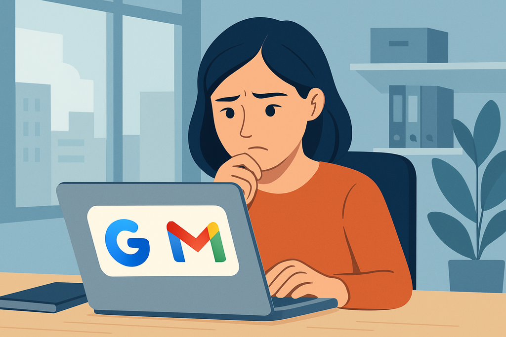 一位年輕女性坐在辦公室裡,專注地盯著螢幕,似乎在思考與人工智慧有關的問題,電腦螢幕上帶有G字標誌,整體環境顯得現代而專業,反映出網站架設或網頁設計的工作情境。