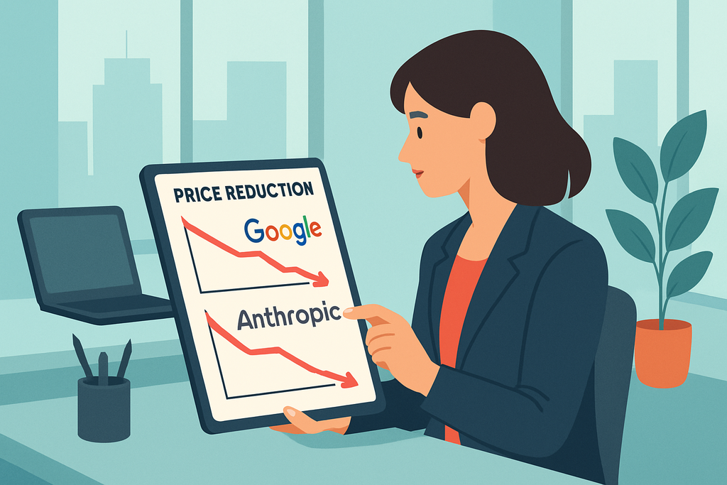 在辦公室內，一位穿著正式的女性正在查看平板電腦，上面顯示著「價格降低」的圖表，與其他網站的價格相比，她的表情專注，周圍環境現代且整潔，顯示出AI和網站經營的趨勢。