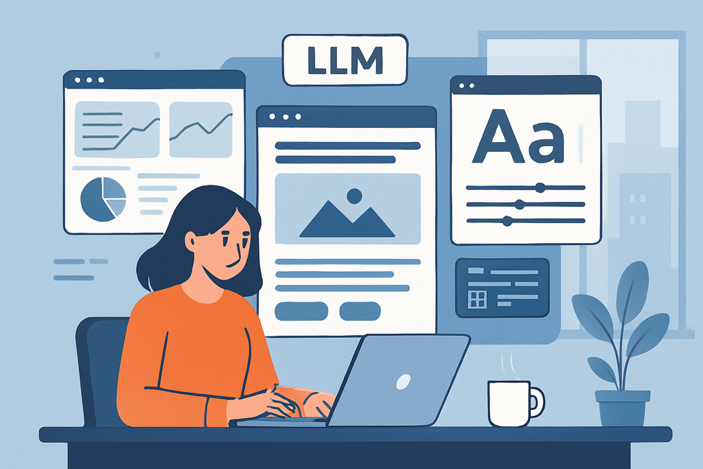 圖片中展示一位女性正專注於使用筆記型電腦進行人工智慧驅動的網站設計。背景顯示多個網頁及數據分析圖表，彰顯人工智能在網站經營中的重要性。