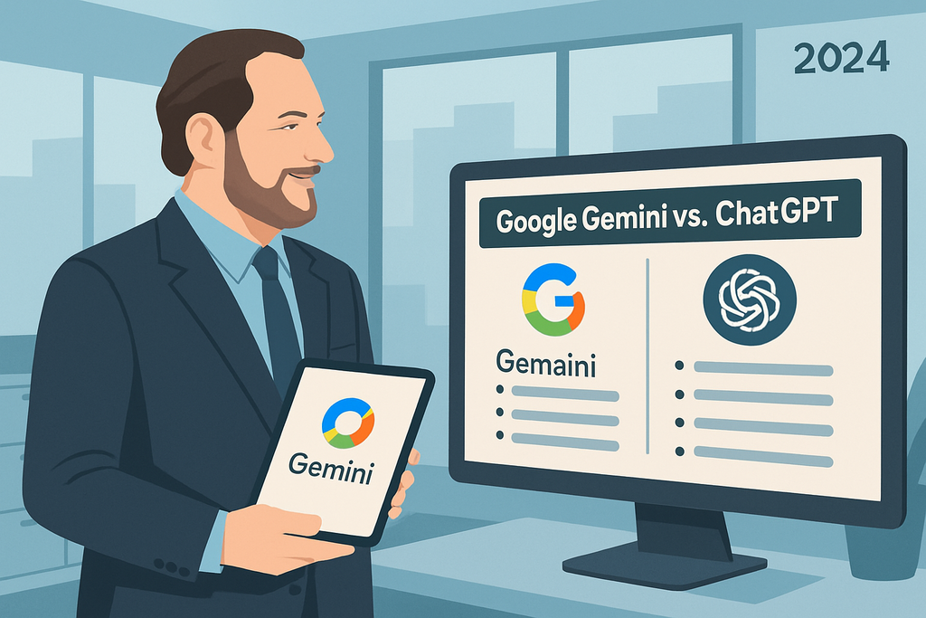 一名男子身穿西裝，手持平板顯示「Gemini」標誌，並在會議室內的電腦螢幕上比較「Google Gemini」與「ChatGPT」。場景展現了人工智慧發展的前沿趨勢，特別是在網站經營與網頁設計方面的重要性，彰顯人工智能的應用。