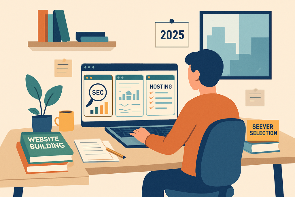 一位男士坐在桌前,專注於電腦螢幕,螢幕上顯示有關網站經營的數據分析和主機選擇的資訊,桌上擺放著書籍與植物,展現出一個現代的辦公環境,包含了關鍵的人工智慧和網站架設內容。