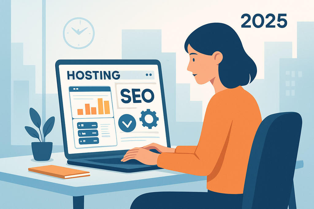 圖片中，一位女性正在辦公室裡的桌子前使用電腦，螢幕顯示著關於網站架設、人工智慧和SEO的資訊，強調現代化的網頁設計和網站經營。