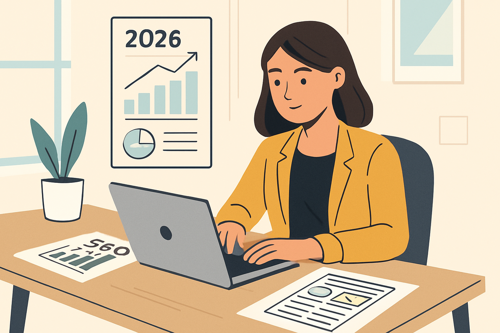 在辦公室內,一位專業女性正專心使用筆記型電腦進行網站經營,她的工作桌上擺放著有關人工智慧的報告和數據圖表,顯示出2026年的成長預測,旁邊還有一盆綠色植物裝飾。