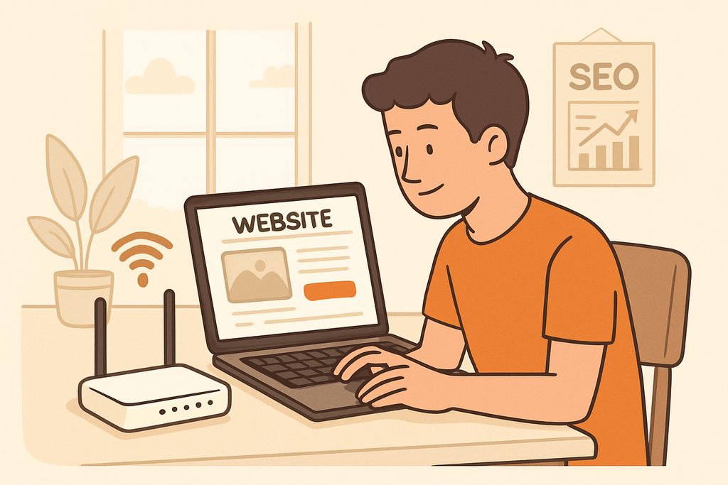 一位男孩坐在桌前，正在使用筆記型電腦進行網站設計，螢幕上顯示著「WEBSITE」的標題，周圍有綠色植物和Wi-Fi路由器，正展現出一個專注於人工智慧和網頁設計的工作環境。