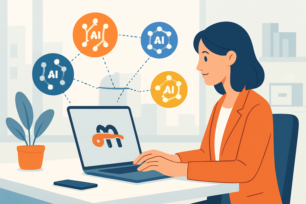 這張圖片展示了一位穿著橙色外套的女性在辦公室內使用筆記型電腦進行人工智慧的操作,螢幕上有多個AI圖示,顯示出人工智能在網站經營和設計上的應用。