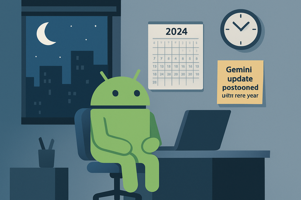 這張圖片展示了一個身穿綠色的人工智慧角色,坐在辦公桌前面,背景是一扇窗戶可以看到夜空明月,桌上有一台電腦與一些文具。旁邊的牆上掛著一個2024年的日曆,並且貼著一張公告,內容談及Gemini更新延遲的消息。