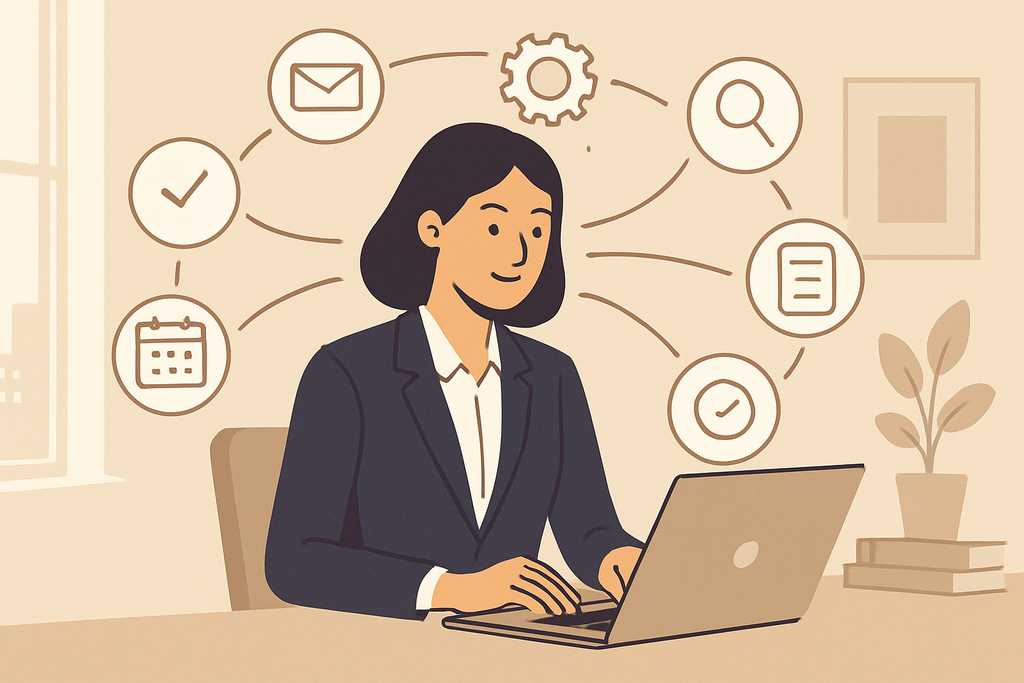 一位女性在辦公室中使用電腦,周圍環繞著郵件、行事曆、待辦事項等與人工智能相關的圖示,顯示出她利用人工智慧提升工作效率的畫面。