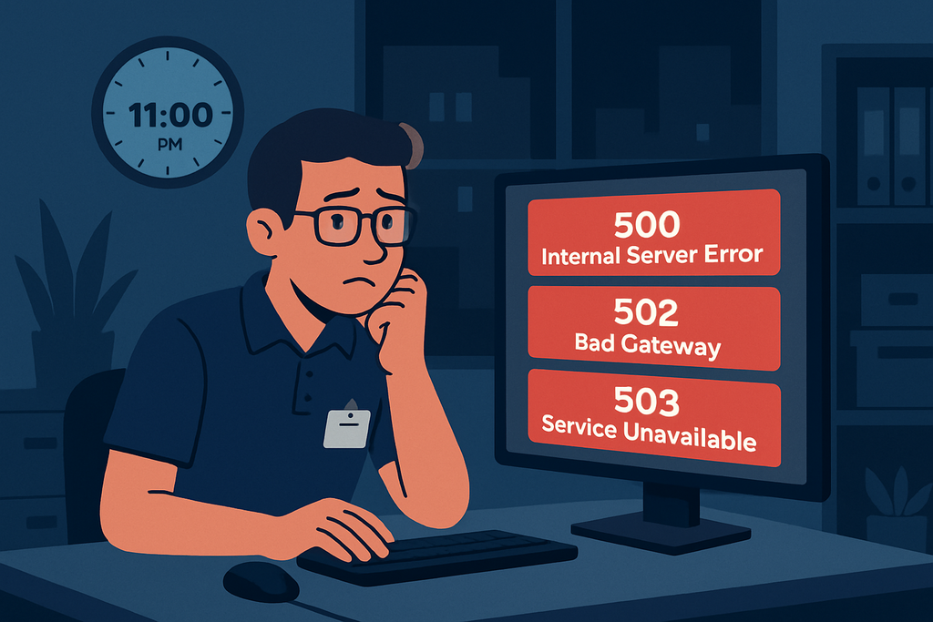 一名焦慮的網站管理員在深夜11點前,面對顯示「500 Internal Server Error」、「502 Bad Gateway」和「503 Service Unavailable」的電腦螢幕,正在思考如何解決伺服器問題,突顯人工智慧在網站經營中的重要性。