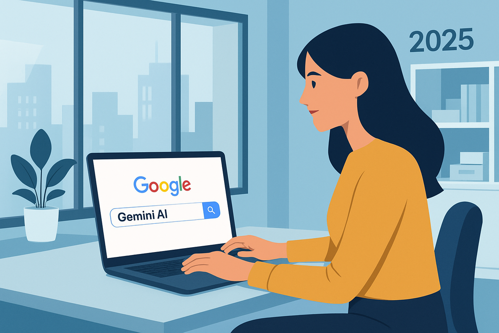 這張圖片顯示一位女性坐在桌前，專注地使用筆記型電腦搜尋「Gemini AI」。桌上有一盆觀葉植物，窗外的都市景色展現了現代化的建築，顯示出人工智慧與網站經營的融合與影響。