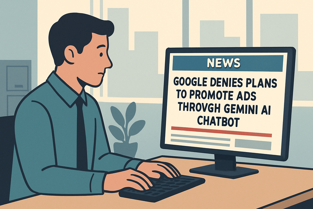 一位男士坐在辦公室內，專注地查看電腦螢幕，螢幕上顯示著新聞標題，內容提到Google否認透過Gemini AI聊天機器人推廣廣告的計畫，背景有些植物和辦公室設施，顯示出現代工作環境的氛圍。