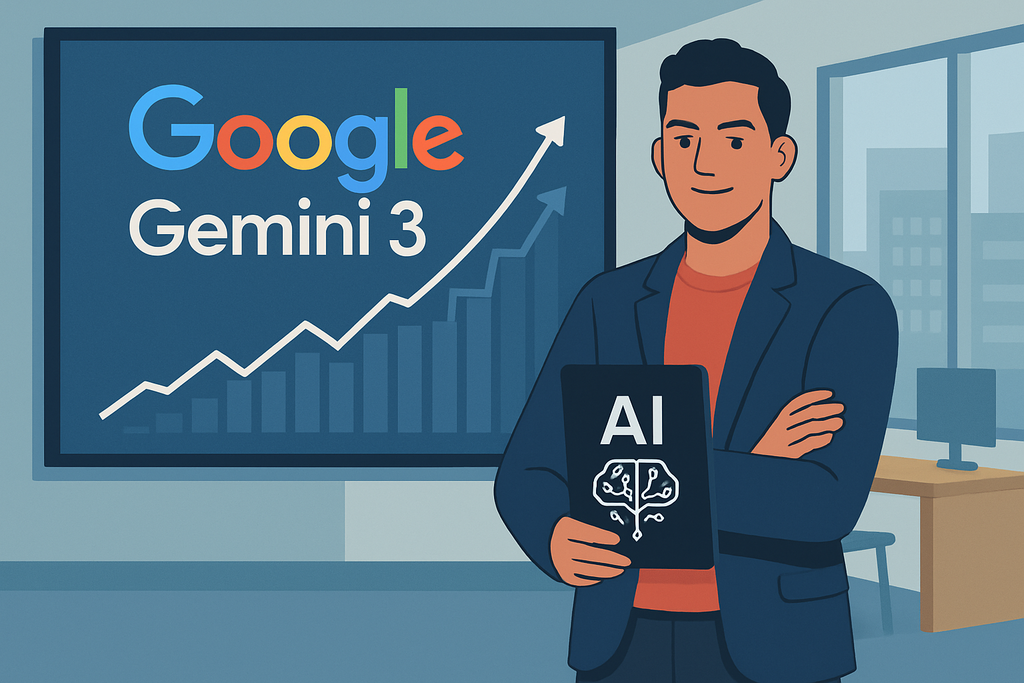 一位穿著商務西裝的男性站在會議室前，手持寫有「AI」的平板電腦，背景是顯示「Google Gemini 3」的螢幕，及一個向上攀升的數據曲線，顯示人工智慧在網站經營中的重要性。