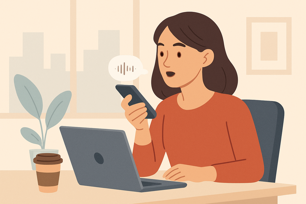 一位女性坐在桌前,手握手機,正使用人工智慧助手進行語音指令,背景是俯瞰城市的窗戶,桌上還有一杯咖啡,展現出現代化的網站經營與科技感。