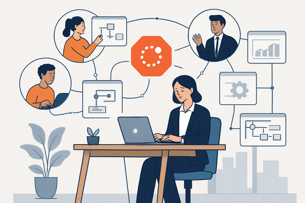 圖片中顯示一位女士坐在辦公桌前，專心使用筆記型電腦進行人工智慧相關的任務。周圍有幾位同事透過網絡連結進行協作，圖示呈現網站架設和網頁設計的流程，展示了人工智能如何在網站經營中發揮重要作用。