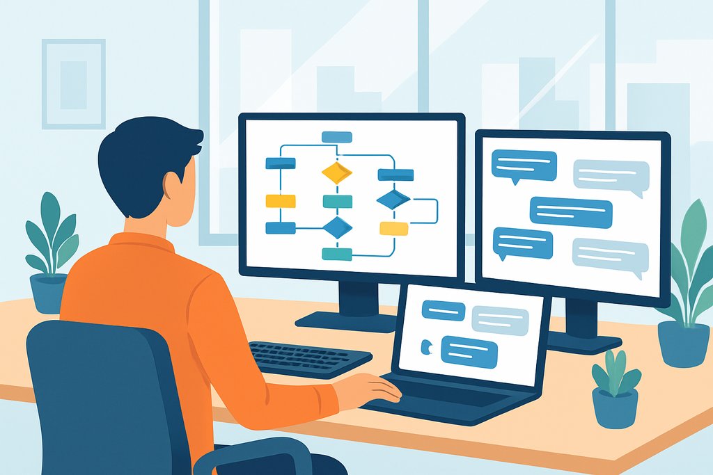 一位男性正坐在桌前,使用筆記型電腦,顯示器上呈現出網站架設的流程圖,另一個螢幕則顯示著與客戶的對話訊息,強調人工智慧在網站經營中的應用。