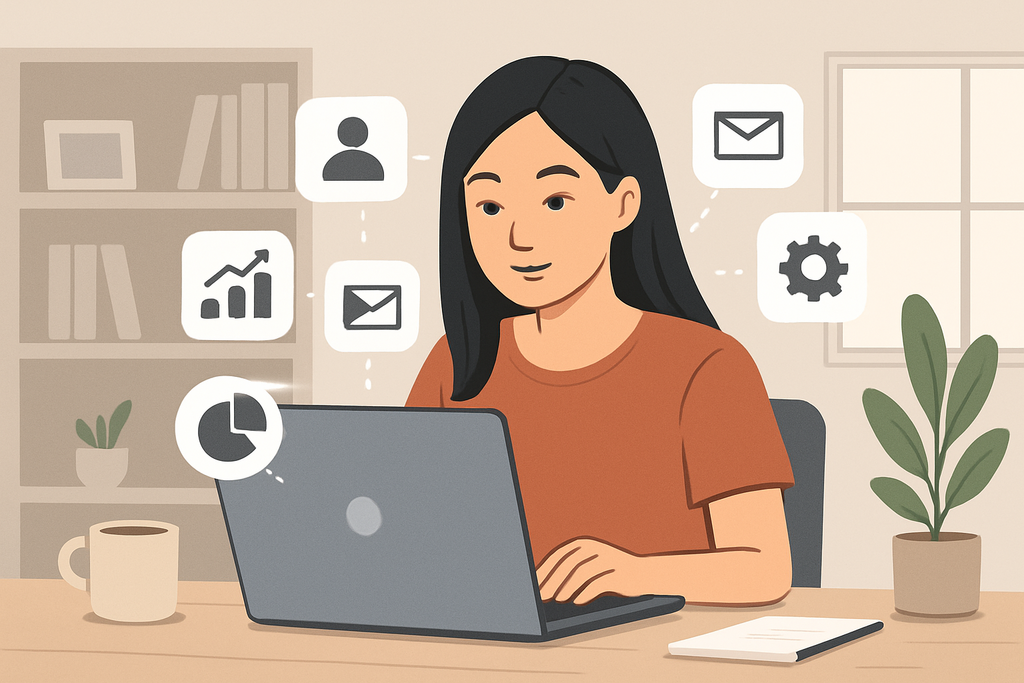 這張圖片顯示一位女性專注於電腦螢幕，周圍有與人工智慧和網站經營相關的圖示，包含數據分析、電子郵件和設定選項。這情景展現了在數位時代中，人工智能在網頁設計和網站架設過程中的重要性。