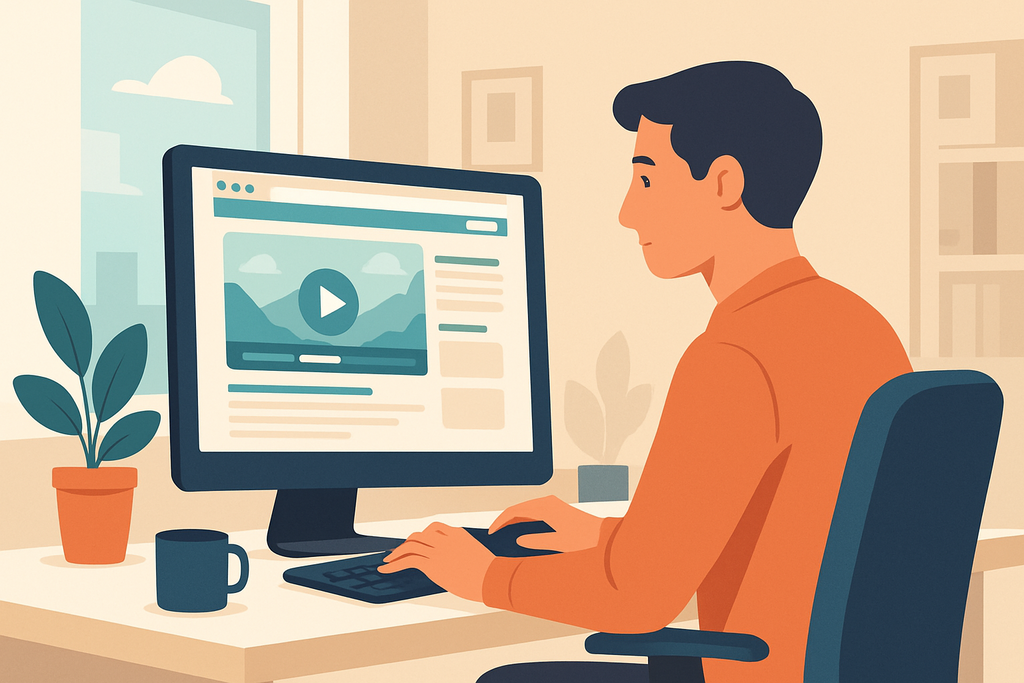 這張圖片顯示一位男性正在使用電腦進行網站經營，螢幕上顯示著包含影片的網頁設計，周圍環境則有綠色植物和咖啡杯，展現出一個舒適的工作空間，適合進行人工智慧相關的網站架設工作。