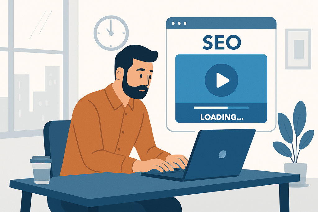 這張圖片展示一位男士坐在辦公桌前，專注地使用筆記型電腦，螢幕上顯示著「SEO」與影片加載中的畫面，周圍有咖啡杯和窗外自然光，使得整體環境感覺舒適而專業，代表著人工智能在網站經營中的應用。