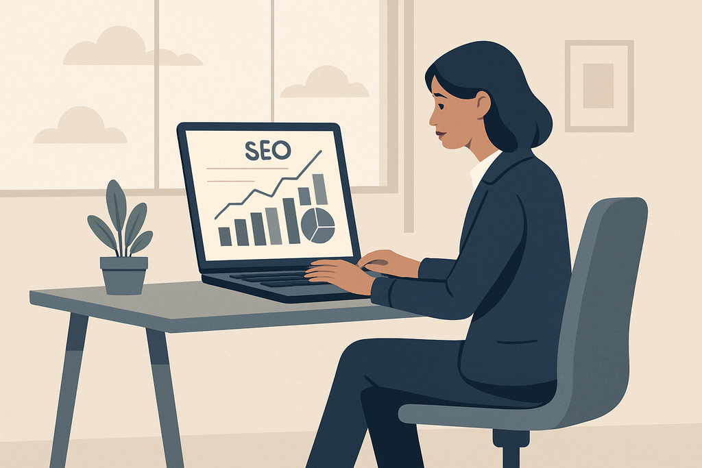 圖片中一名女性正坐在辦公桌前，專注地使用筆記型電腦進行SEO分析，螢幕上顯示著與人工智慧和網站經營相關的數據圖表，桌上還擺放著一盆綠色植物。