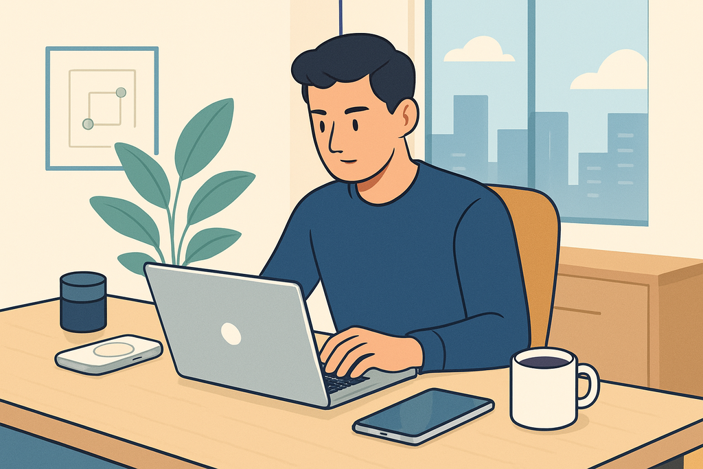 這張圖片展示了一位年輕男性在辦公室專注於他的筆記型電腦,他正在進行網站經營或網頁設計工作,桌上擺放著一杯咖啡和一部智能手機,背景有窗外的城市風景,展現了現代工作環境與人工智慧的應用。