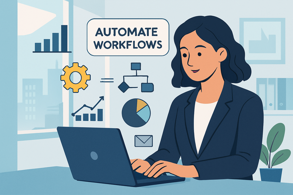 這張圖片展示了一位女性專業人士坐在辦公室裡，面對著筆記型電腦，周圍有多種圖表和流程圖。顯示出人工智慧和自動化工作流程的關鍵元素，強調網站架設與網頁設計過程中的效率提升。