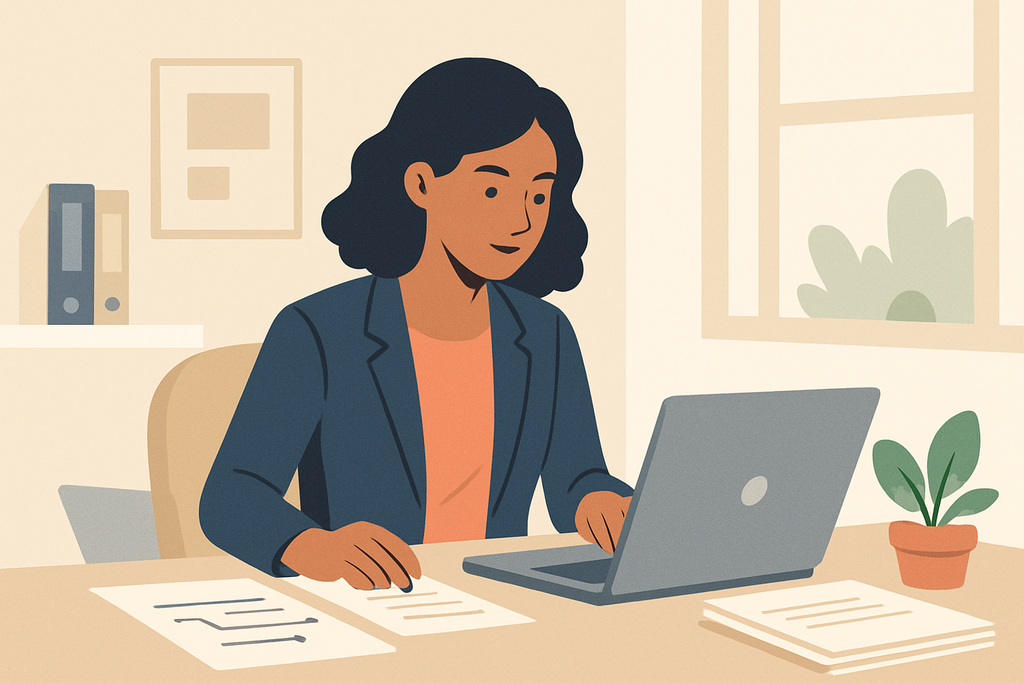 這張圖片展示一位女性在明亮的辦公室內專注於使用筆記型電腦，桌上擺放著一些文件和一盆小植物，展現出一個活力四射的網站經營環境。