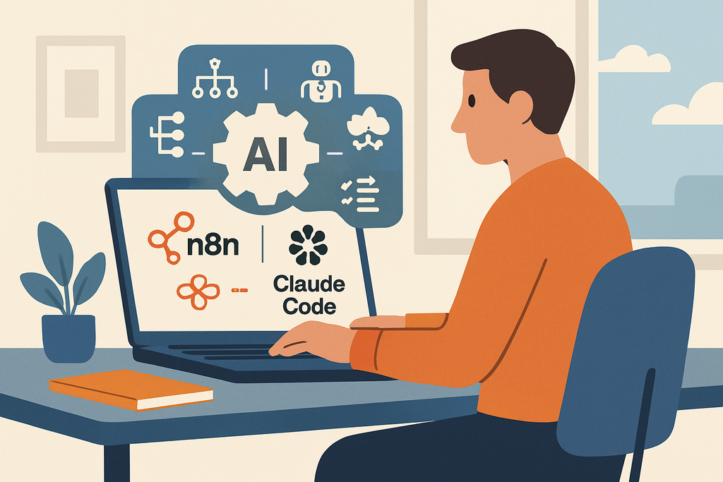 圖片中顯示一位專注於電腦螢幕前的使用者，他正在使用人工智慧進行網站經營與網頁設計。螢幕上顯示著與AI技術相關的圖示和品牌標誌，桌面上還擺放著一本筆記本和一盆綠色植物，形成一個舒適的工作環境。