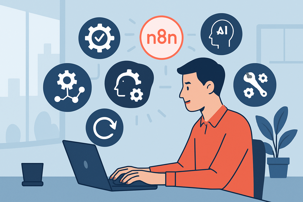 在這張圖片中,一位年輕男子正在電腦前專注於網站設計與經營。他的周圍有多個代表人工智慧及網頁設計的圖標,包括齒輪、思考者的頭像與檢查標記,展示了人工智能在網站架設過程中的應用與影響。