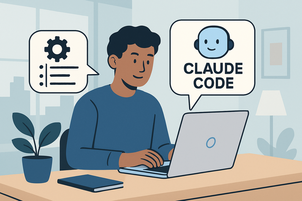 圖片顯示一位正在使用電腦的年輕男子，為人工智能助手Claude進行程式碼調整，背景中可以看到窗外的城市景觀，桌上有植物和筆記本，展示出網站架設和網頁設計的工作環境。