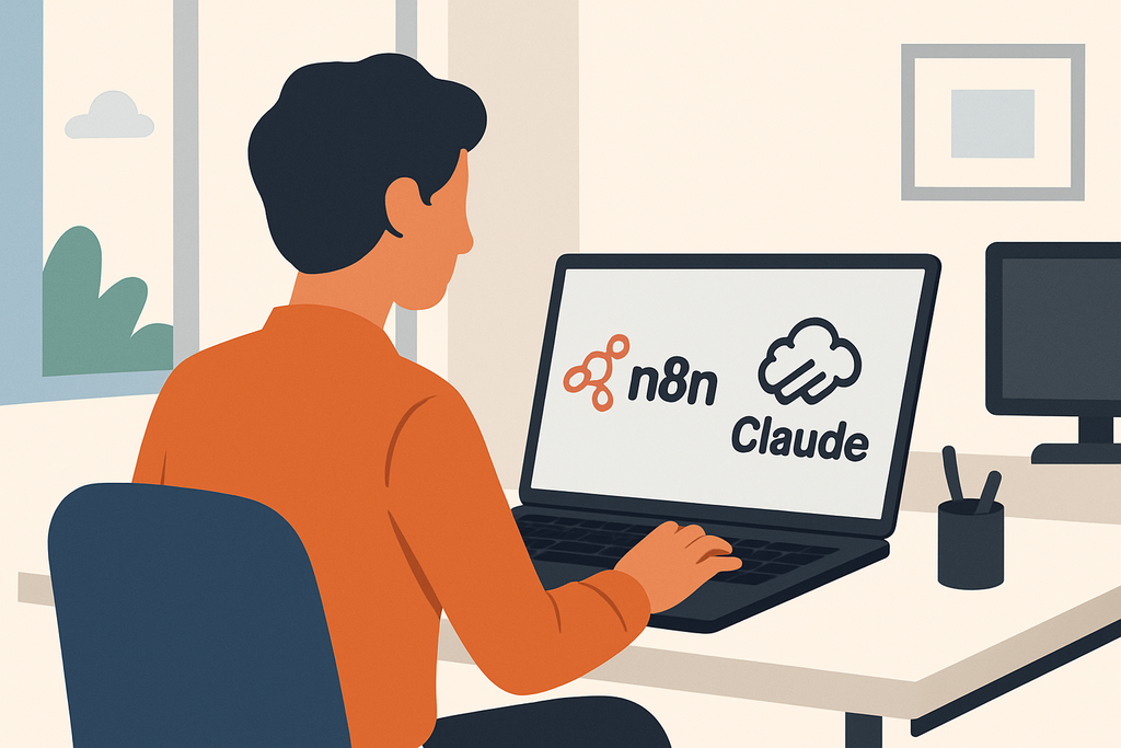 一名使用者坐在辦公室中，專注於筆記型電腦螢幕，螢幕上顯示著人工智慧應用程式的標誌，包括n8n和Claude。周圍有窗戶透進自然光，室內裝潢簡約且現代，突顯出網站經營和網頁設計的專業氛圍。