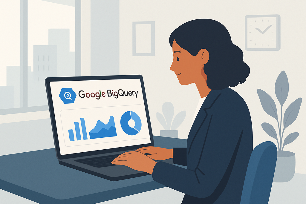 這張圖片展示了一位女性在辦公室裡使用電腦,螢幕上顯示著Google BigQuery的數據分析界面,呈現出不同的圖表和數據,象徵著使用人工智慧和人工智能進行網站經營的重要性。
