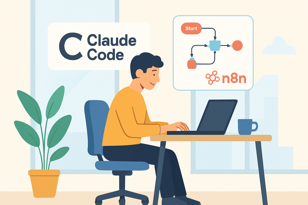 圖片顯示一位男性在工作桌前專心使用筆記型電腦,背後的牆上掛著「Claude Code」的標誌,旁邊則有一個流程圖,強調人工智慧在網站經營中的應用,桌上還擺放著一杯咖啡,整體環境充滿創意與專業感。