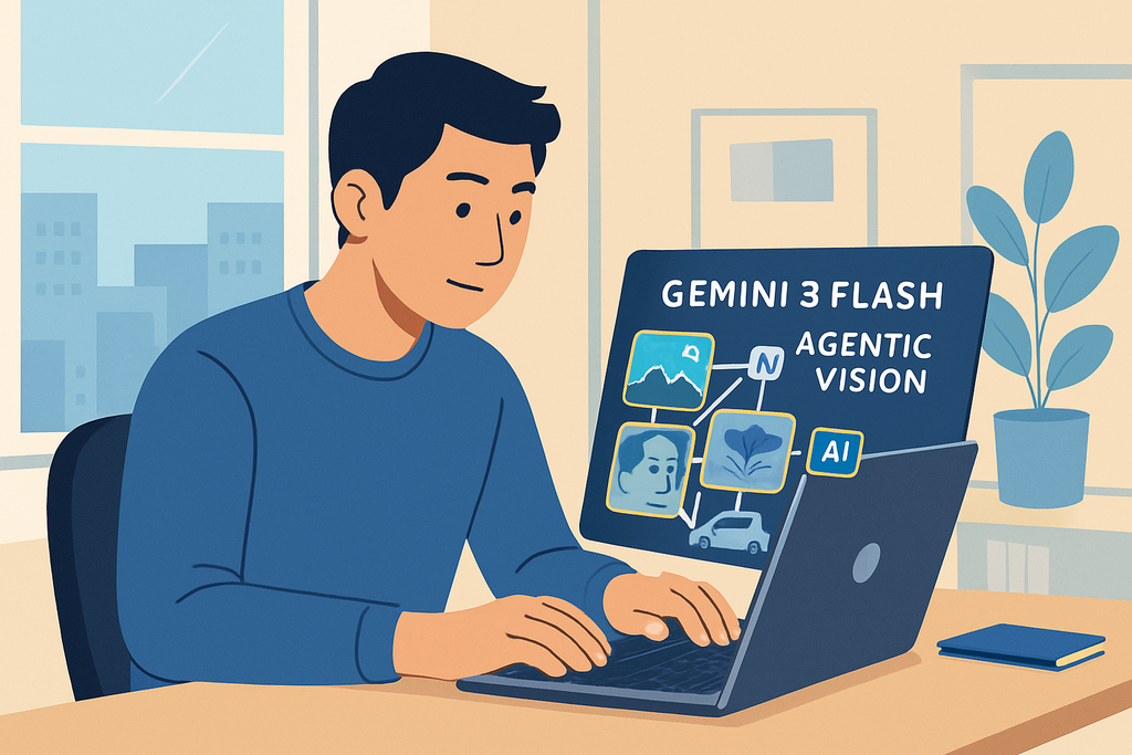 圖片中，一位男子坐在辦公桌前專注地使用筆記型電腦，屏幕顯示與人工智慧和網站設計相關的內容，背景是一間明亮的辦公室，窗外可見城市景觀，適合談論人工智能與網站經營的主題。