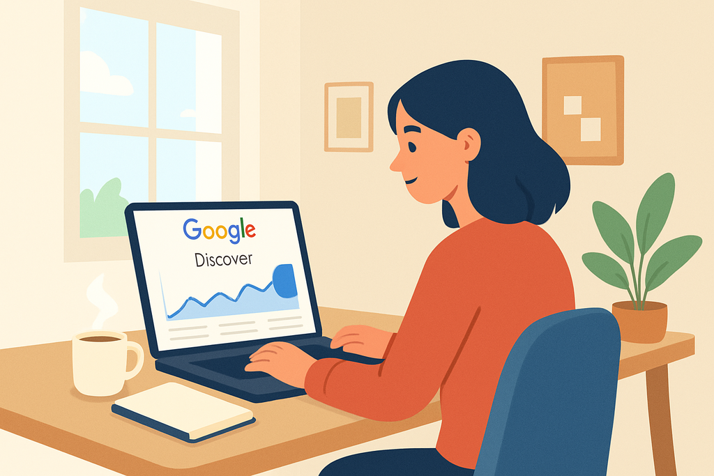 圖片展示了一位女性坐在舒適的家中，使用筆記型電腦查看Google Discover的數據分析，環境明亮，窗外有綠意，桌上放有咖啡和記事本，顯示出她專注於人工智慧及網站經營的相關資訊。